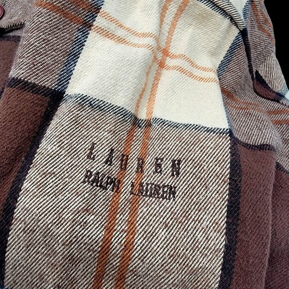 Lauren Ralph Lauren  Plaid Flannel Long Shacket Brown/Beige Front Zipper - Picture 11 of 16